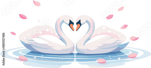 Swan Romance Elegance. Two swans forming a heart with their necks on a minimalist pond ripple, sparkle dust and petals drifting in