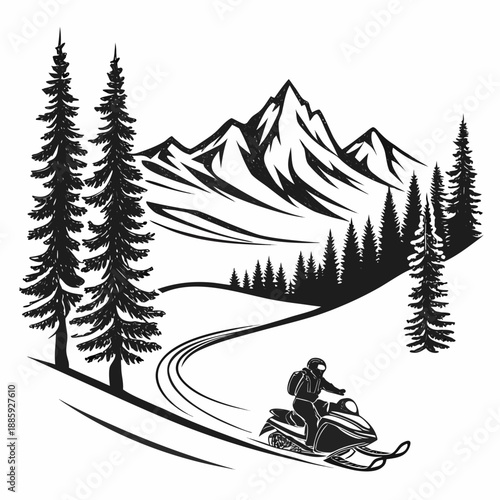 Snowmobiling through mountainous forest