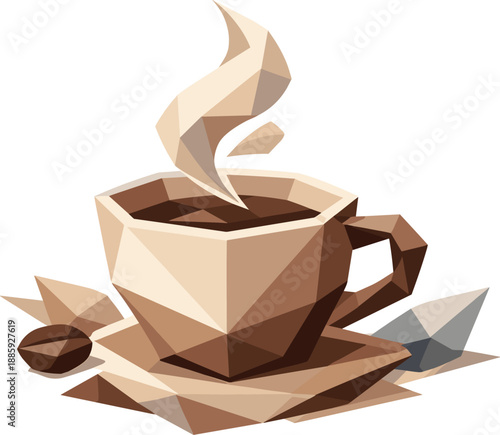 Minimalist Coffee Art. Low-poly vector illustration of a minimalist coffee cup representing cafe culture and relaxation, polygonal