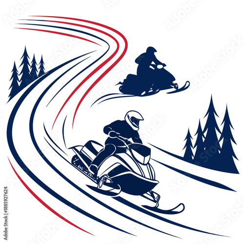 Snowmobilers traversing a winter trail