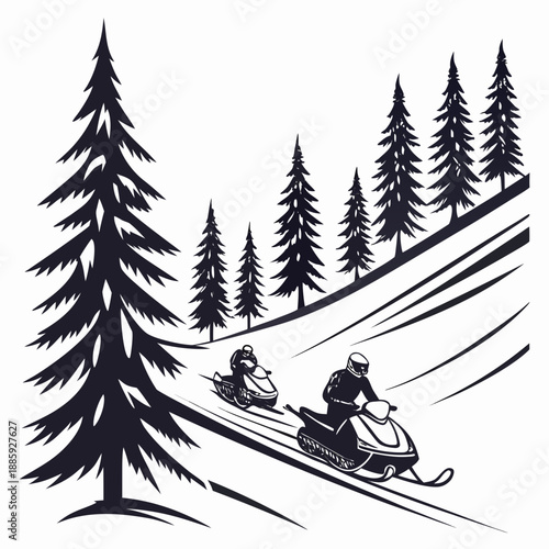 Two snowmobilers riding through a forest