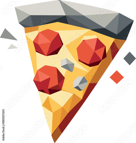 Low-Poly Pizza Slice. Low-poly vector illustration of a minimalist pizza slice icon symbolizing food, leisure, and social moments,