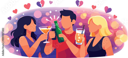 Singles Night Cheers. Friends night out scene with two or three simplified figures clinking drinks, heart confetti and glow bokeh