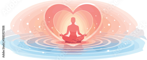 Heartfelt Meditation Aura. Meditation scene with a seated figure inside a heart aura, concentric calm rings and tiny light