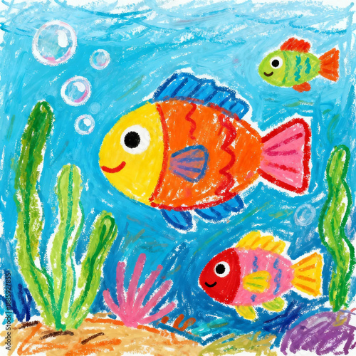 Colorful Children's Crayon Art Illustration of Cute Tropical Fish Swimming Under the Sea with Seaweed and Bubbles