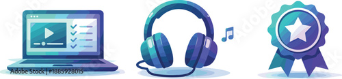 Online Learning Setup. Laptop with online course dashboard connected to headphone for audio learning and certificate badge
