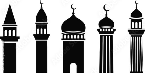 Collection of mosque minarets silhouette against white background