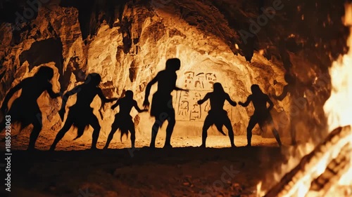 Mystical figures dance under smoldering coals, primitive shamans jump around a fiery flame under the roof of a cave, spiritual leaders of primitive peoples perform ceremonial dances around a bright