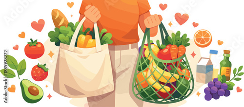 Acts of Service. Carrying groceries vignette with reusable bags, fresh produce icons, and tiny hearts floating like gratitude