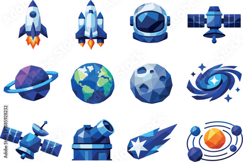 Low-Poly Space Icons. Space and Astronomy Low-Poly Vector Icon Set, rockets, planets, satellites, universe concepts. Low-poly