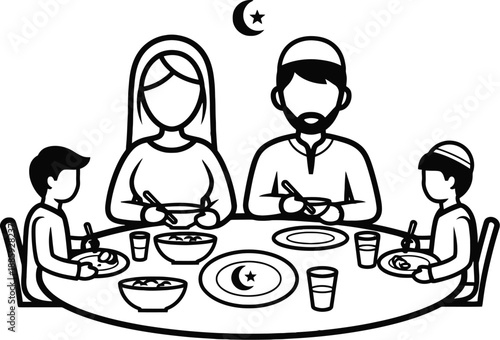 Family having meal together under crescent moon symbol