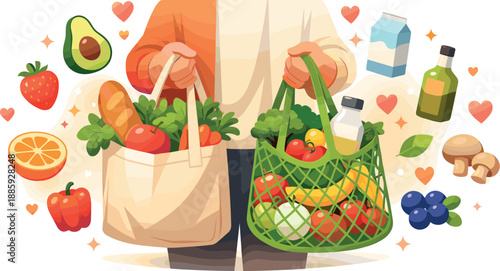Acts of Service. Carrying groceries vignette with reusable bags, fresh produce icons, and tiny hearts floating like gratitude