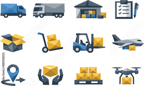 Supply Chain Icon Set. Logistics and Delivery Low-Poly Vector Icon Set, delivery trucks, warehouses, package handling. Low-poly