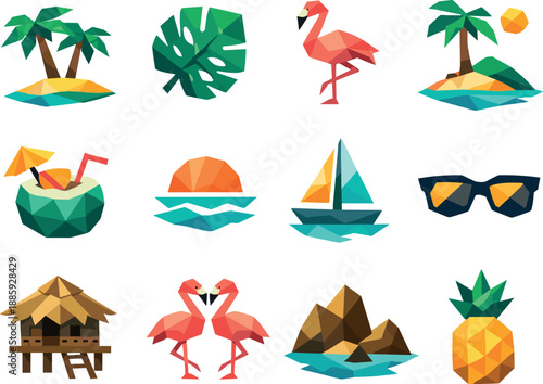 Tropical Icon Grid. A professional low-poly vector icon set dedicated to tropical themes and exotic summer visuals, featuring