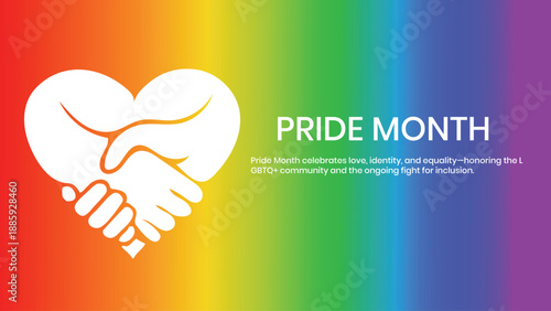 Pride Month celebration with rainbow background and handshake in heart shape symbolizing love and equality
