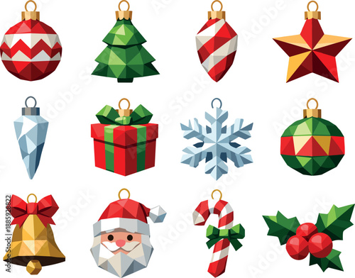 Low-Poly Christmas Icons. Stylized low-poly Christmas tree ornament icons designed with sharp angular polygons and faceted