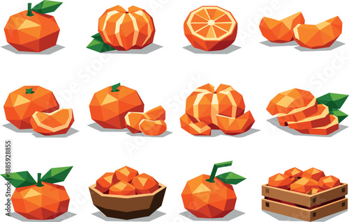 Mandarin Vector Icons. Geometric low-poly vector icons depicting mandarins arranged on a tabletop, built from angular polygonal