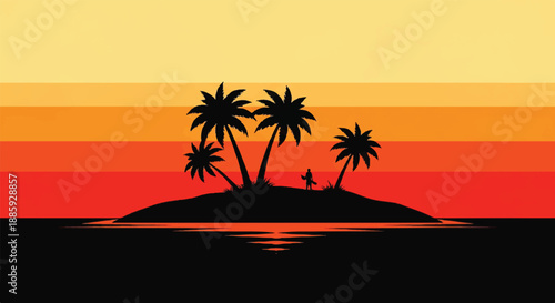 Tropical island with palm trees at sunset viewed from the ocean