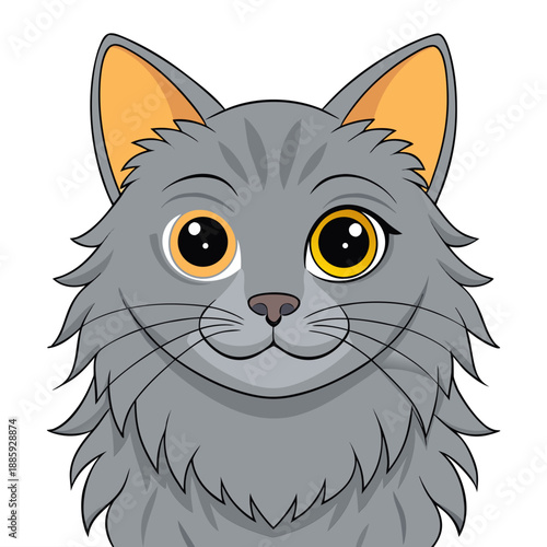 Charming cartoon illustration of a fluffy gray cat with striking golden eyes