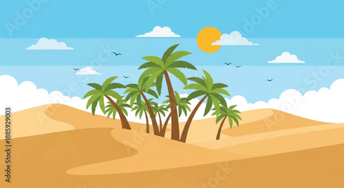 Serene desert landscape with palm trees under a bright sunny sky viewed from a sandy dune