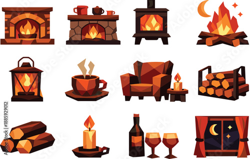 Low-Poly Fireplace Icons. Stylized low-poly fireplace evening icons designed with sharp angular polygons and faceted
