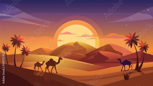 A serene desert scene during sunset, showcasing silhouettes of camels and riders traversing the dunes, with majestic mountains in the background and a vibrant, golden sun setting on the horizon