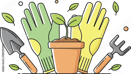 Illustration depicting essential gardening supplies neatly arranged around a small potted seedling including protective gloves a trowel and a hand cultivator ready for spring planting activities