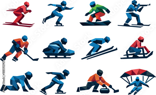 Winter Sports Icons. Geometric low-poly vector icons illustrating winter sports such as skiing, skating, and snowboarding built