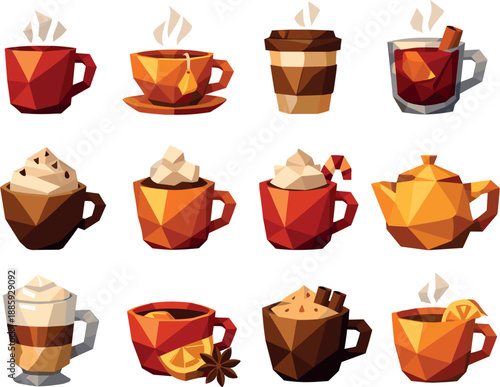 Warm Drink Icons. Modern low-poly vector illustration set showcasing warm drinks through crisp triangular geometry and faceted