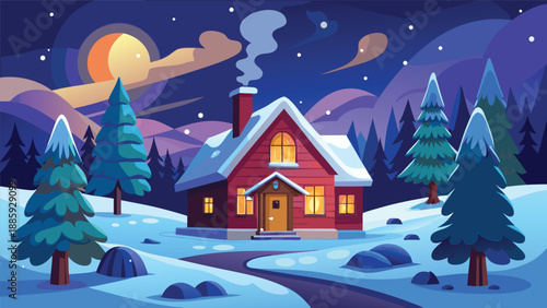 A cozy red house blanketed in snow, with smoke rising from the chimney, nestled in a wintery forest scene under a starry night sky. The snow-covered landscape glows softly beneath the moonlight