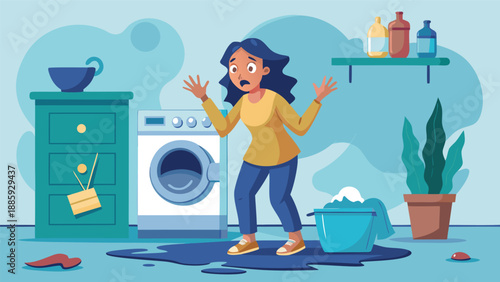 A surprised woman stands near a washing machine in a laundry room, noticing that something has gone wrong. Laundry items are scattered on the floor, indicating a mishap in the washing process