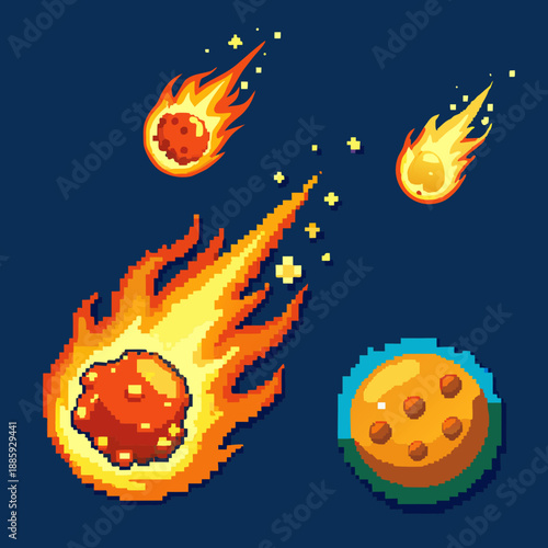 Pixel art illustration of asteroids and a cookie in space