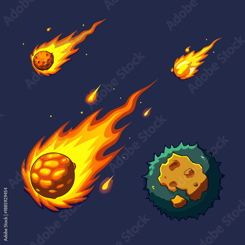 Cartoon meteorites and asteroids burning up in atmosphere
