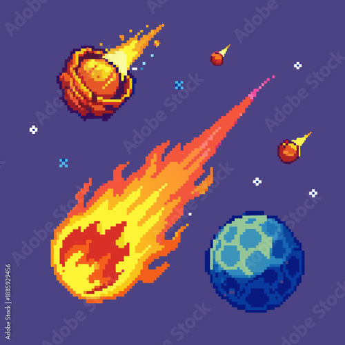 Pixel art meteorites and planets in space
