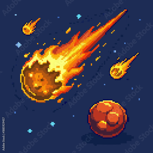 Pixel art meteor shower with fireball and asteroids in space