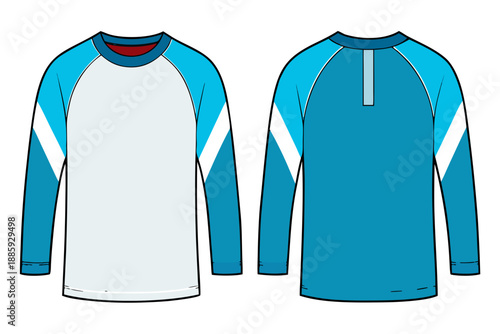Front and back view of a blue and white long sleeve shirt