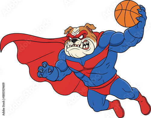 Aggressive muscular bulldog superhero mascot flying with a basketball vector illustration isolated on white background.