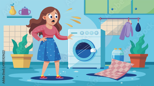 A surprised woman stands near a washing machine in a laundry room, noticing that something has gone wrong. Laundry items are scattered on the floor, indicating a mishap in the washing process