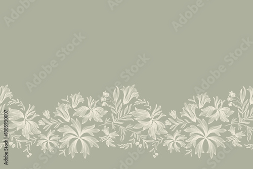 Vintage floral ethnic tapestry modern embroidery texture boho design vector illustration hand drawn silhouette white flower motif branches leaves wallpaper seamless green background border.