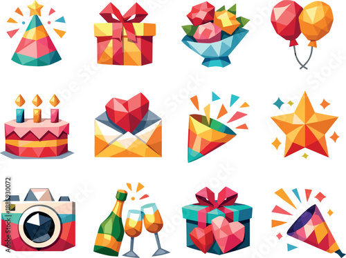 Geometric Celebration Icons. Greeting cards and celebration concepts visualized as a cohesive low-poly vector icon set built from