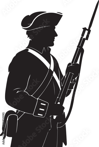 Silhouette of Colonial Soldier with Musket and Bayonet, American Revolution Patriot Illustration