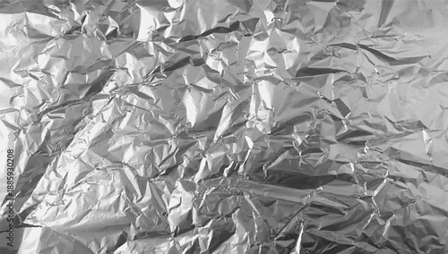 Crumpled silver foil texture. Realistic aluminum crumpled foil background. Horizontal wrinkled pattern with gleams and light reflections. Vector.