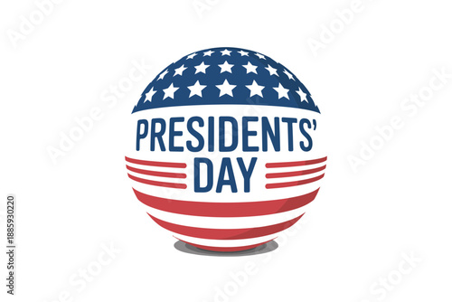 A patriotic Presidents' Day icon featuring an American flag design on a sphere with the words 'Presidents' Day' written in blue text.