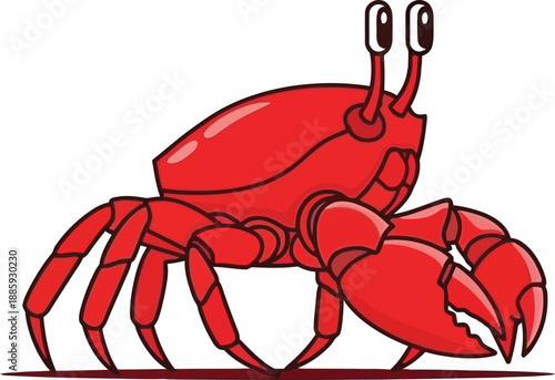 Adorable cartoon illustration of a bright red crustacean character standing sideways with large eyes and prominent claws, perfect for marine life concepts and playful designs.