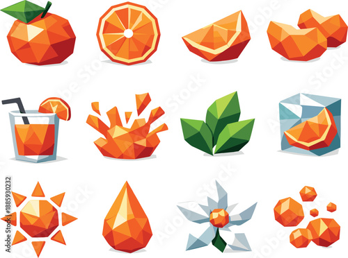 Tangerine Freshness Icons. Low-poly polygonal vector icon set focused on tangerine flavor, citrus freshness, and juicy fruit taste