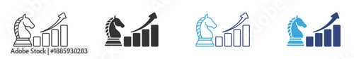 Business Strategy Icon Set. Chess Knight and Growth Chart Symbols. Success Planning Collection, Vector Illustration.