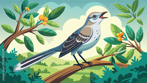 A vibrant vector illustration of a bird perched on a branch amidst green leaves and bright yellow fruits. The bird is singing, adding a lively touch to the serene nature scene