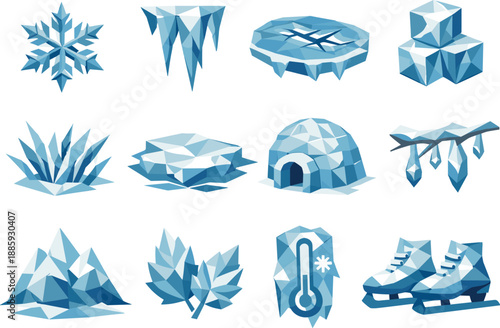 Early Winter Icon Set. First ice formation and early winter freeze visualized as a cohesive low-poly vector icon set built from