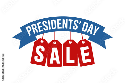 A colorful Presidents' Day sale vector graphic with red tags and blue banner