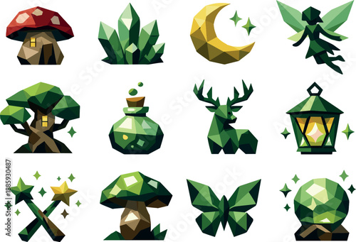 Magical Forest Icon Set. Low-poly vector icon set for fairy forest and magical woodland atmosphere, featuring angular polygonal